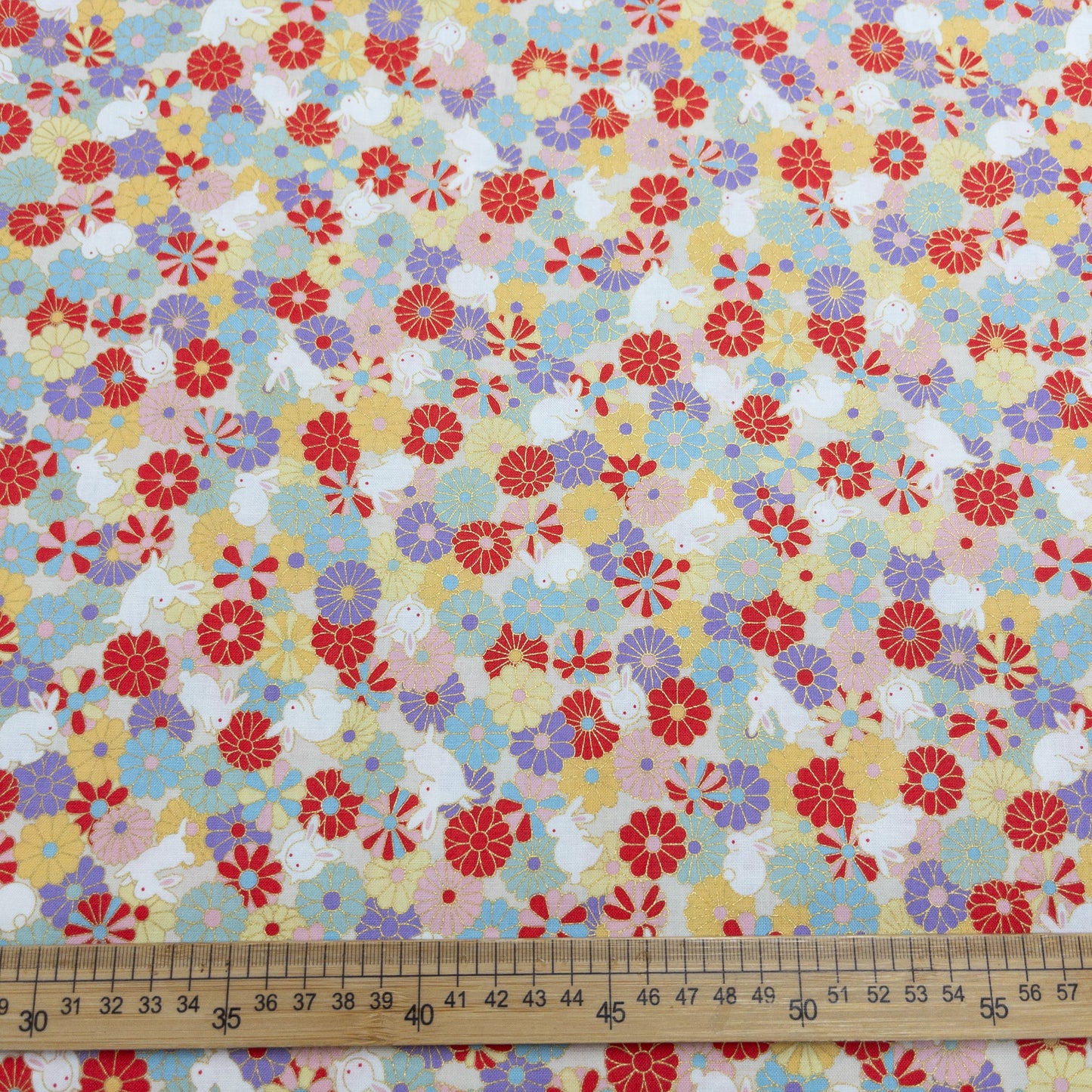 Japan | bronzing rabbits flowers sea 燙金花海白兔 | cotton printed sheeting 純棉