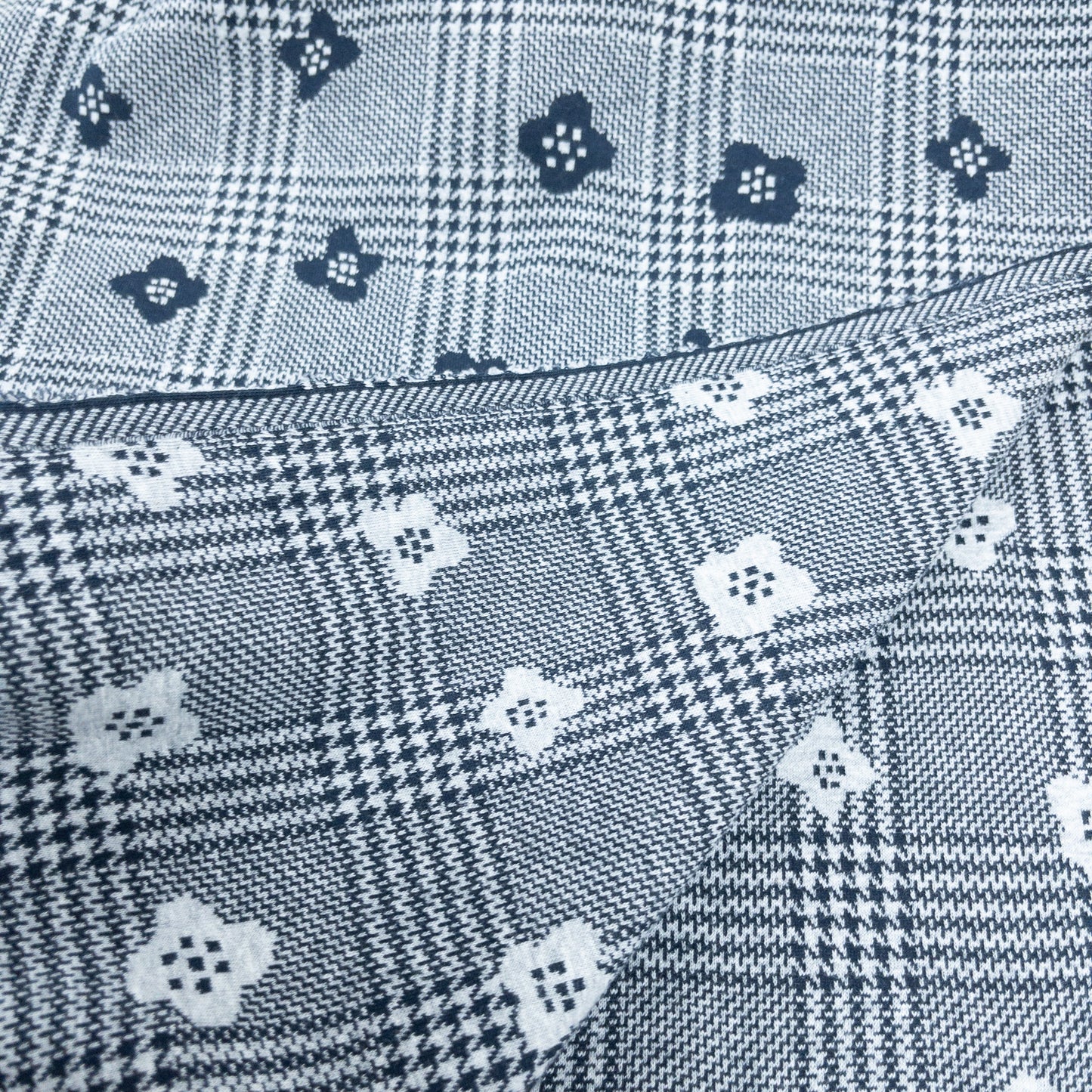maffon | tartan floral navy gray 英倫格紋花卉 深藍+灰色 | cotton jacquard knit 雙面純棉提花針織 - 160cm