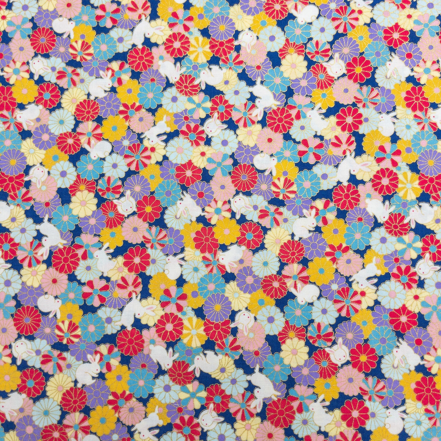 Japan | bronzing rabbits flowers sea 燙金花海白兔 | cotton printed sheeting 純棉