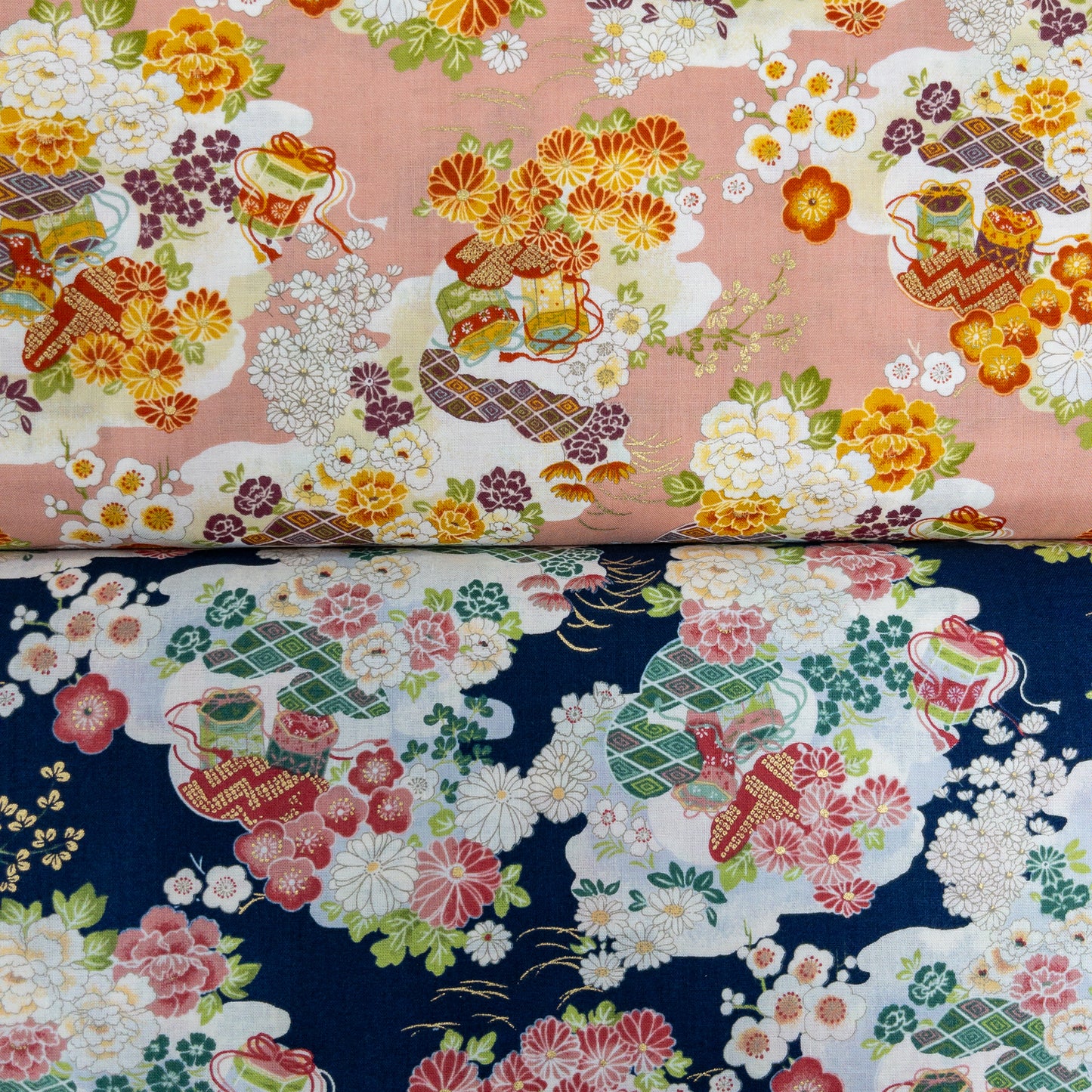 Japan | gilded japanese kaioke 燙金百花海貝桶 | cotton printed shirting 純棉