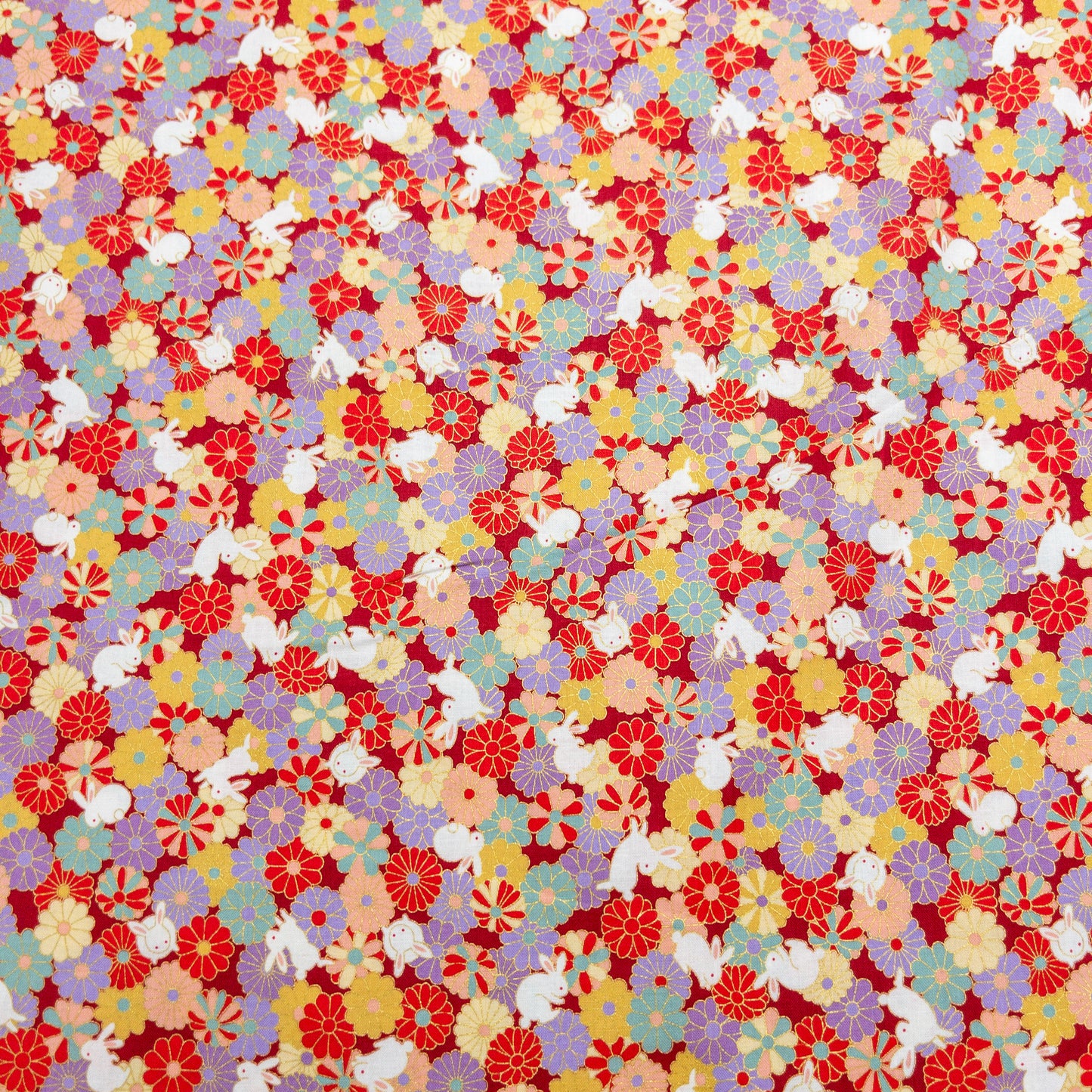 Japan | bronzing rabbits flowers sea 燙金花海白兔 | cotton printed sheeting 純棉