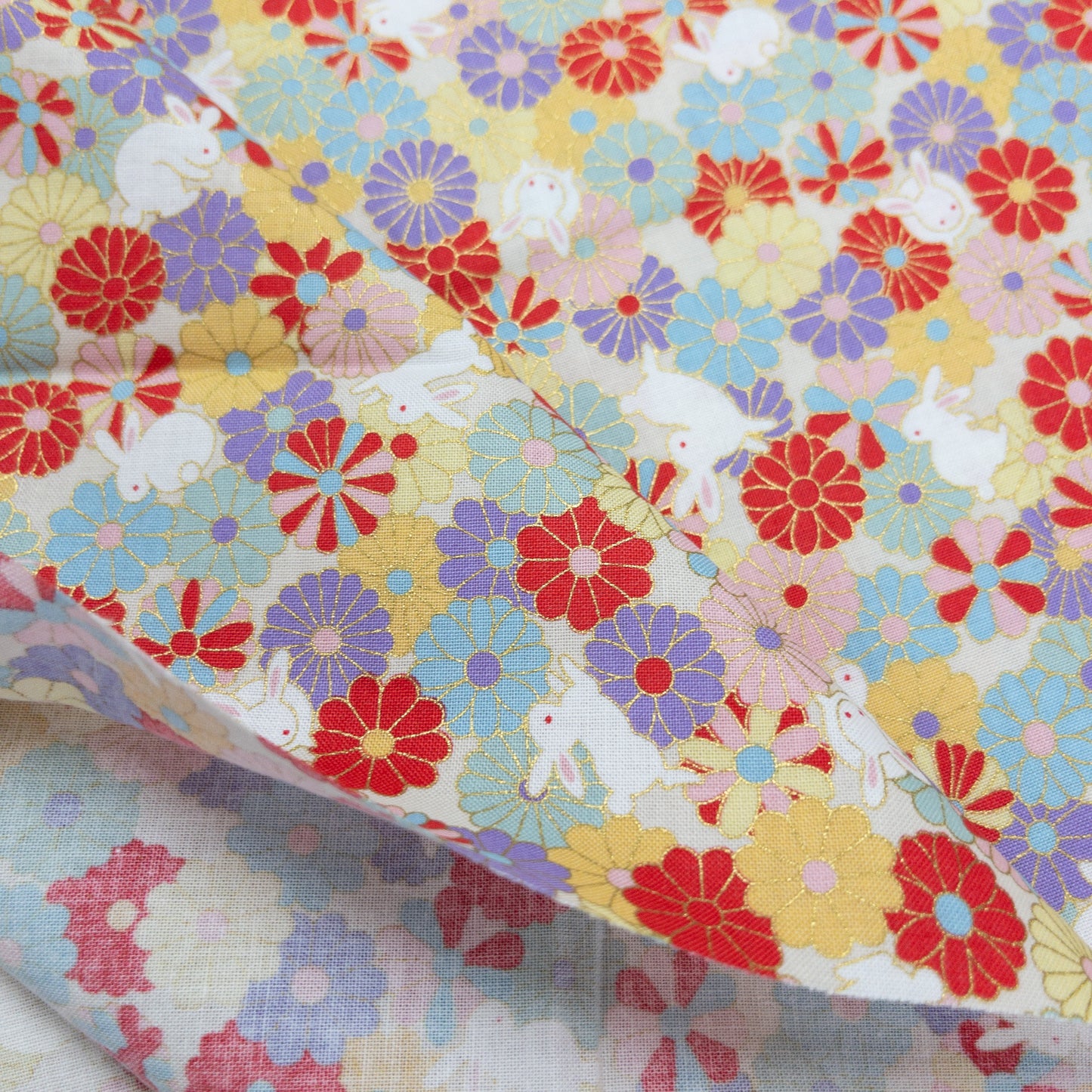 Japan | bronzing rabbits flowers sea 燙金花海白兔 | cotton printed sheeting 純棉