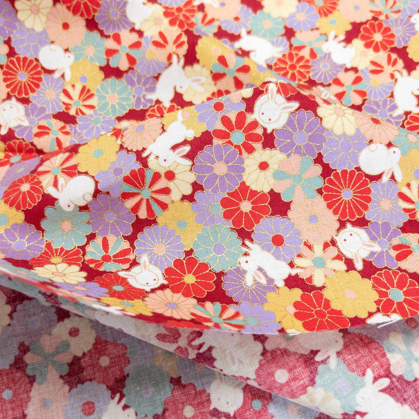 Japan | bronzing rabbits flowers sea 燙金花海白兔 | cotton printed sheeting 純棉