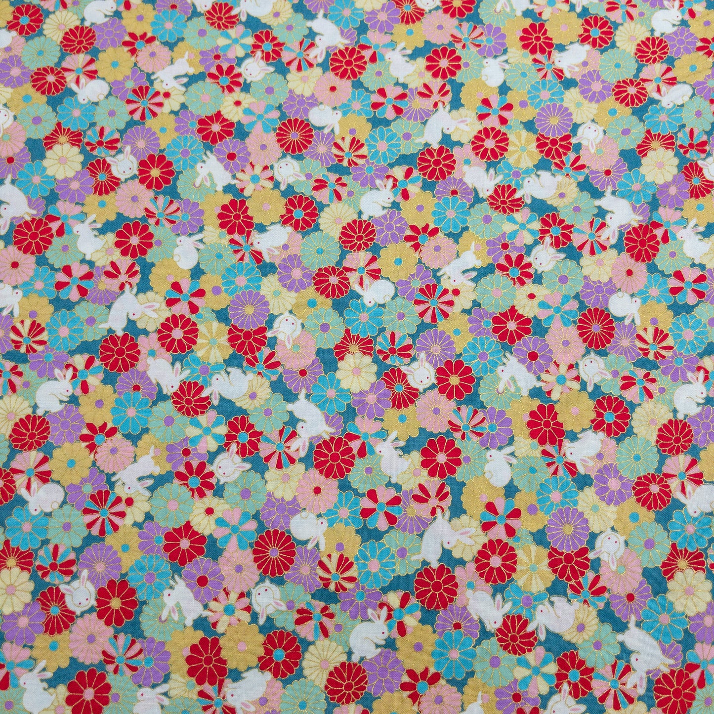 Japan | bronzing rabbits flowers sea 燙金花海白兔 | cotton printed sheeting 純棉