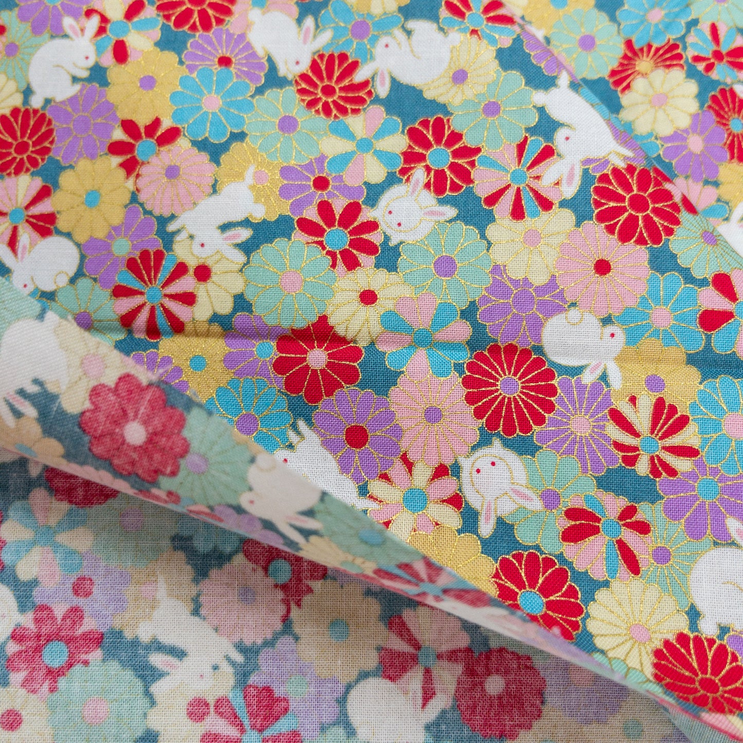 Japan | bronzing rabbits flowers sea 燙金花海白兔 | cotton printed sheeting 純棉