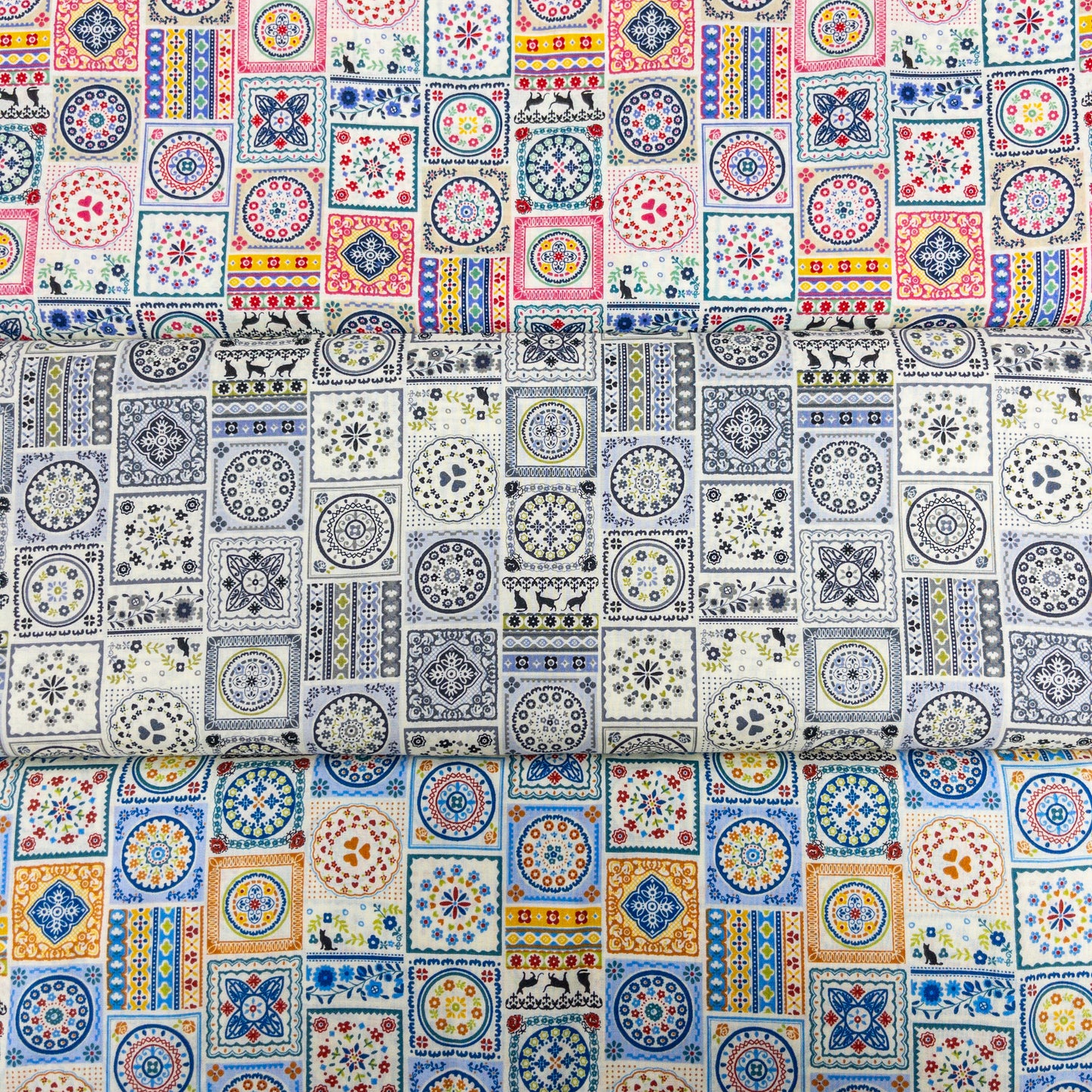 Japan | european cat square tile 東歐貓貓方磚圖案 | cotton printed sheeting 純棉