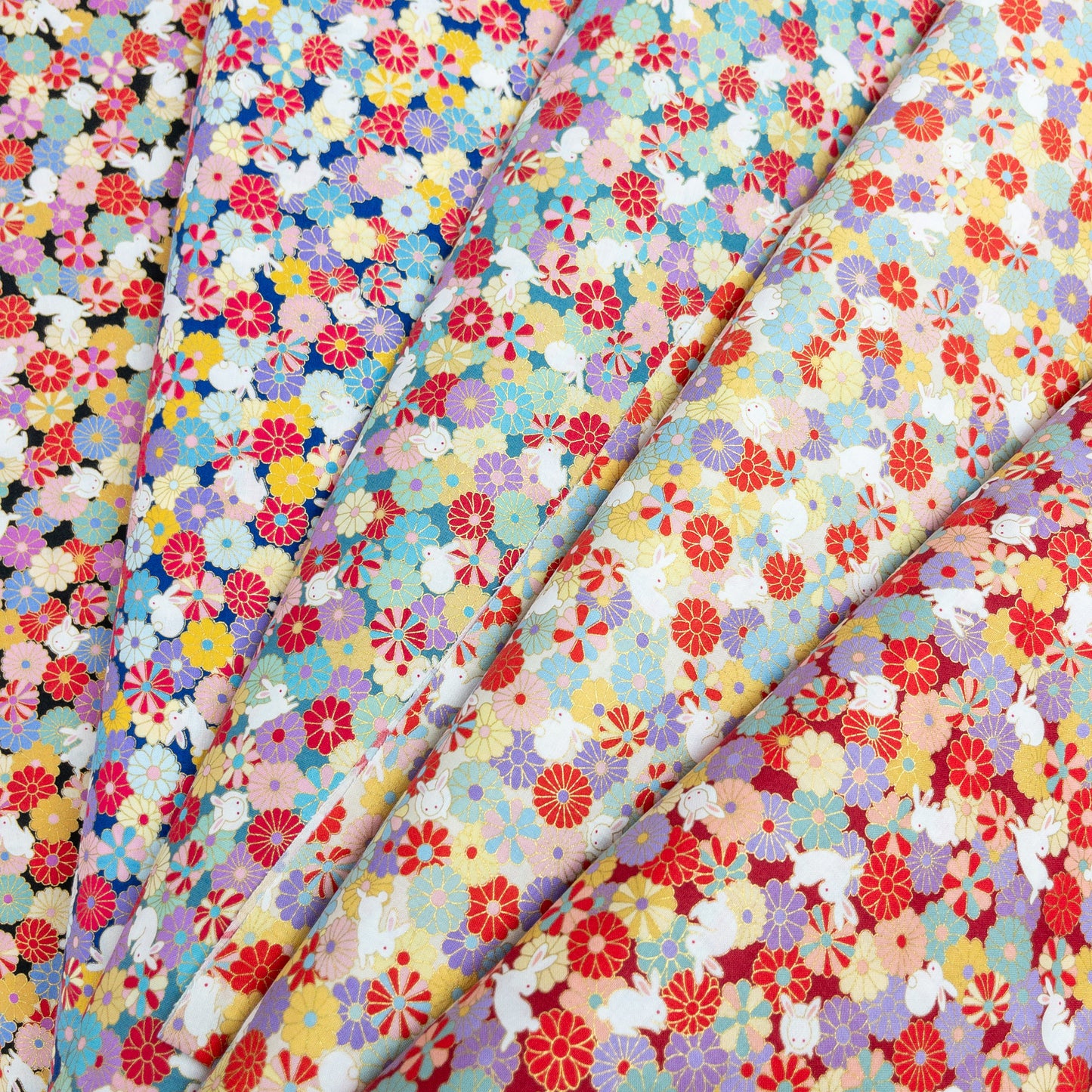 Japan | bronzing rabbits flowers sea 燙金花海白兔 | cotton printed sheeting 純棉