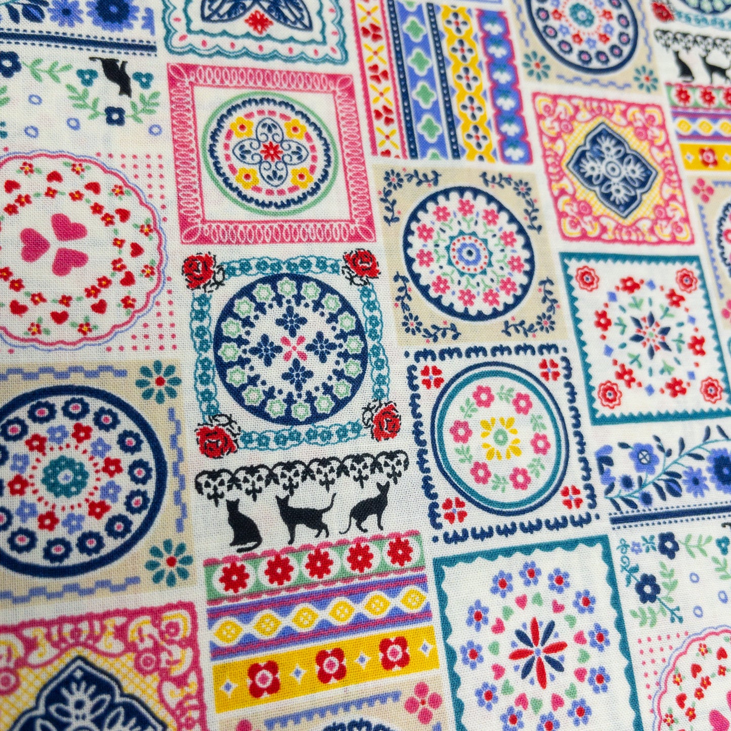 Japan | european cat square tile 東歐貓貓方磚圖案 | cotton printed sheeting 純棉
