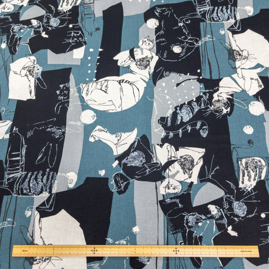 Japan | abstract rabbit and cat 抽象兔和貓 | cotton linen blend sheeting 棉麻