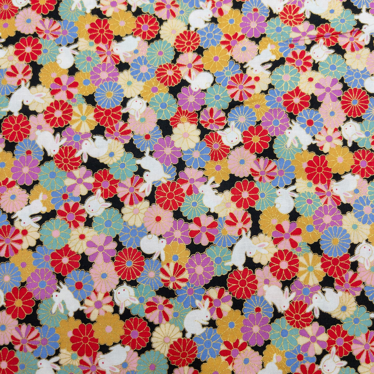 Japan | bronzing rabbits flowers sea 燙金花海白兔 | cotton printed sheeting 純棉
