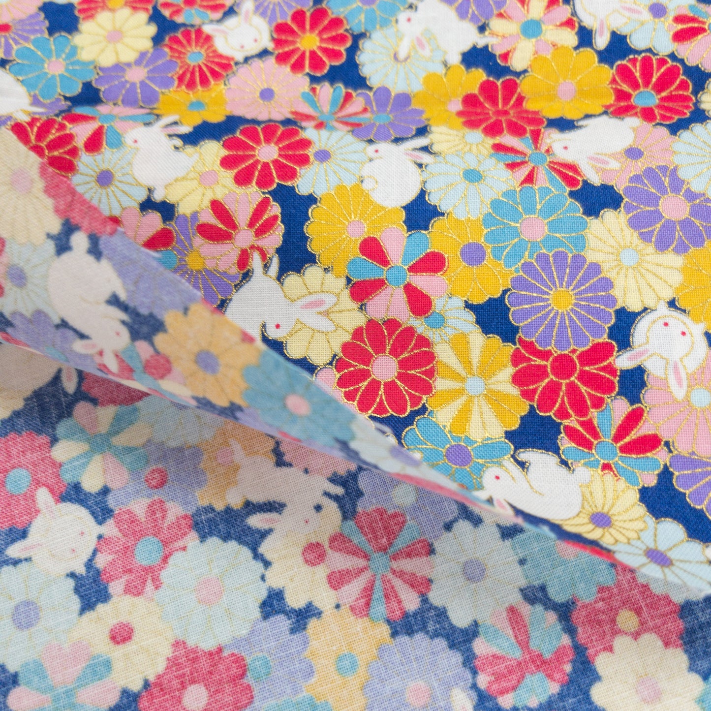 Japan | bronzing rabbits flowers sea 燙金花海白兔 | cotton printed sheeting 純棉