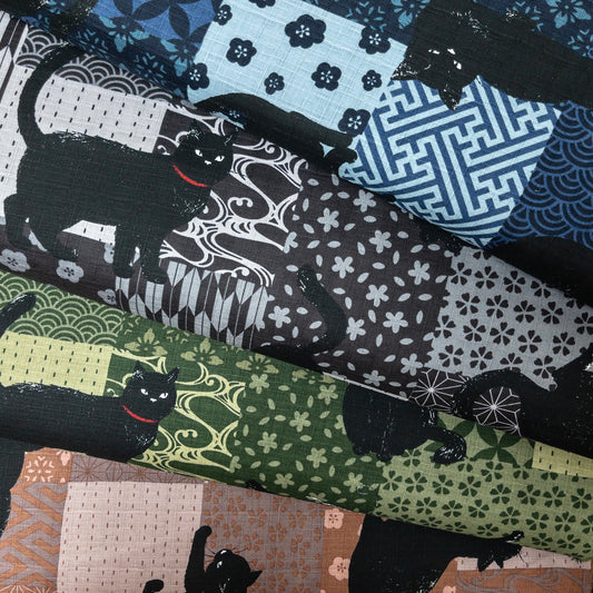 Japan | japanese pattern black cat 和風圖案拼圖黑貓 | cotton printed poplin 竹節棉