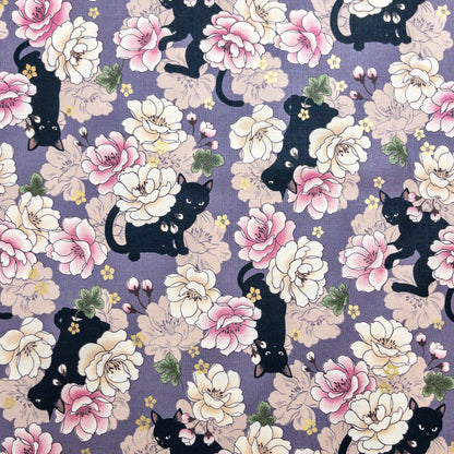 Quilt Gate | bronzing flowers and black cats 燙金大花黑貓 | cotton printed sheeting 純棉
