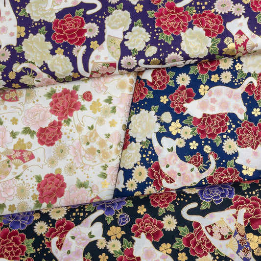 Quilt Gate | bronzing white cats floral 燙金白貓花朵 | cotton printed sheeting 純棉