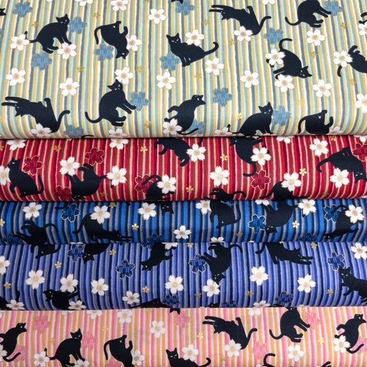 Quilt Gate | bronzing sakura stripe black cats 燙金櫻花間條黑貓 | cotton printed sheeting 純棉