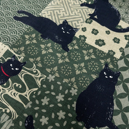 Japan | japanese pattern black cat 和風圖案拼圖黑貓 | cotton printed poplin 竹節棉