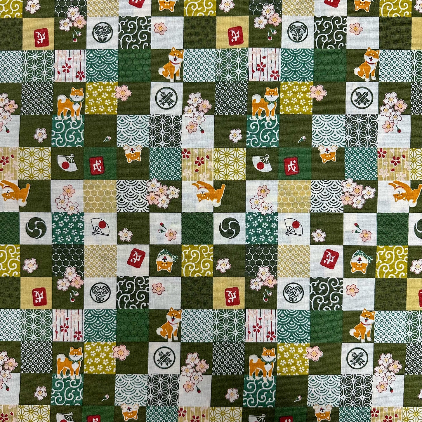 Japan | Shiba japanese sakura 柴犬和風櫻花拼格 | cotton printed sheeting 純棉