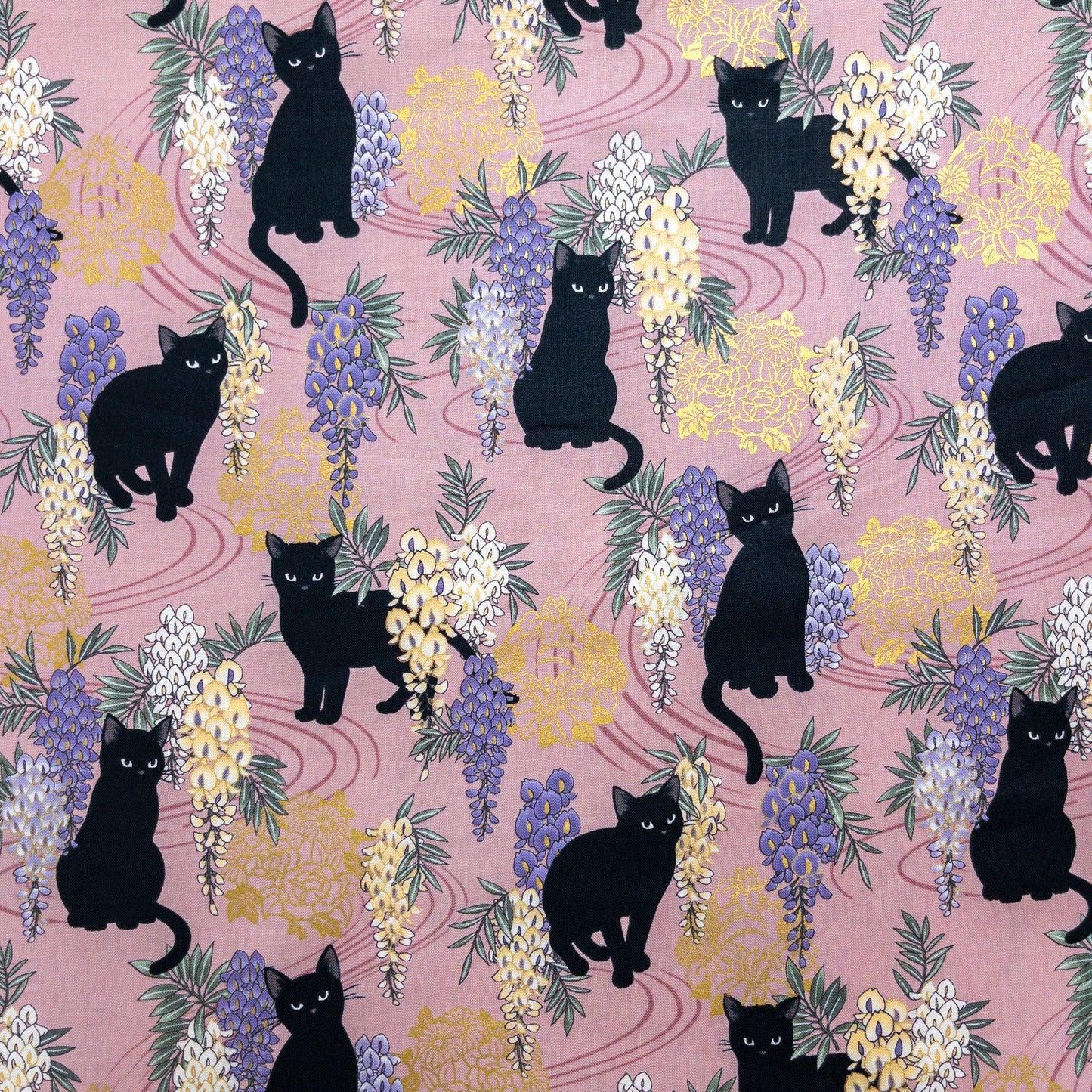 Quilt Gate | bronzing wisteria flowers and black cats 燙金紫藤花黑貓 | cotton printed sheeting 純棉