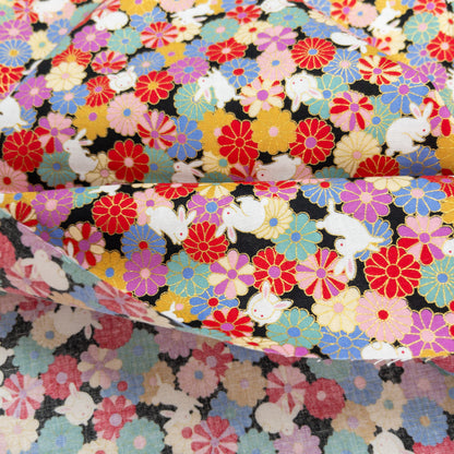 Japan | bronzing rabbits flowers sea 燙金花海白兔 | cotton printed sheeting 純棉