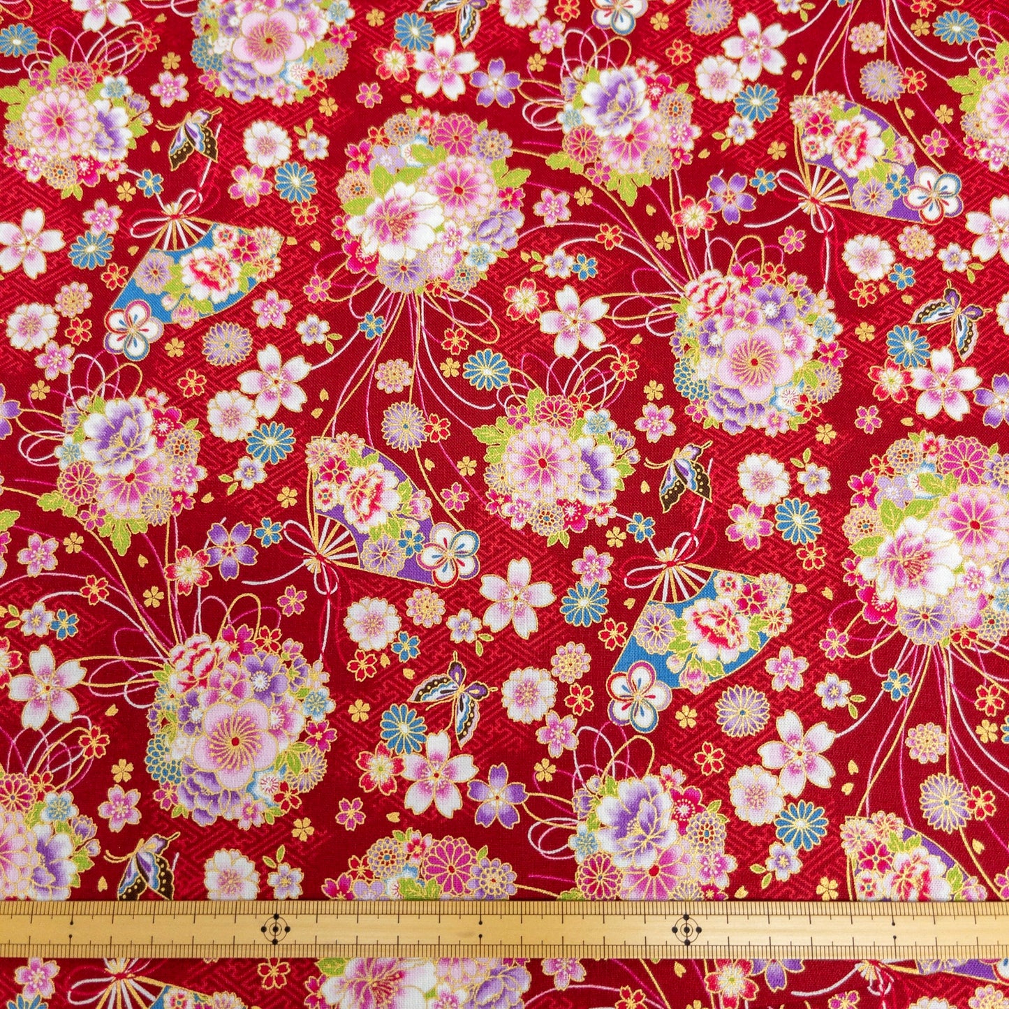 Japan | gilded japanese  gilded flower and japanese sensu fan 燙金花球和扇 | cotton printed sheeting 純棉