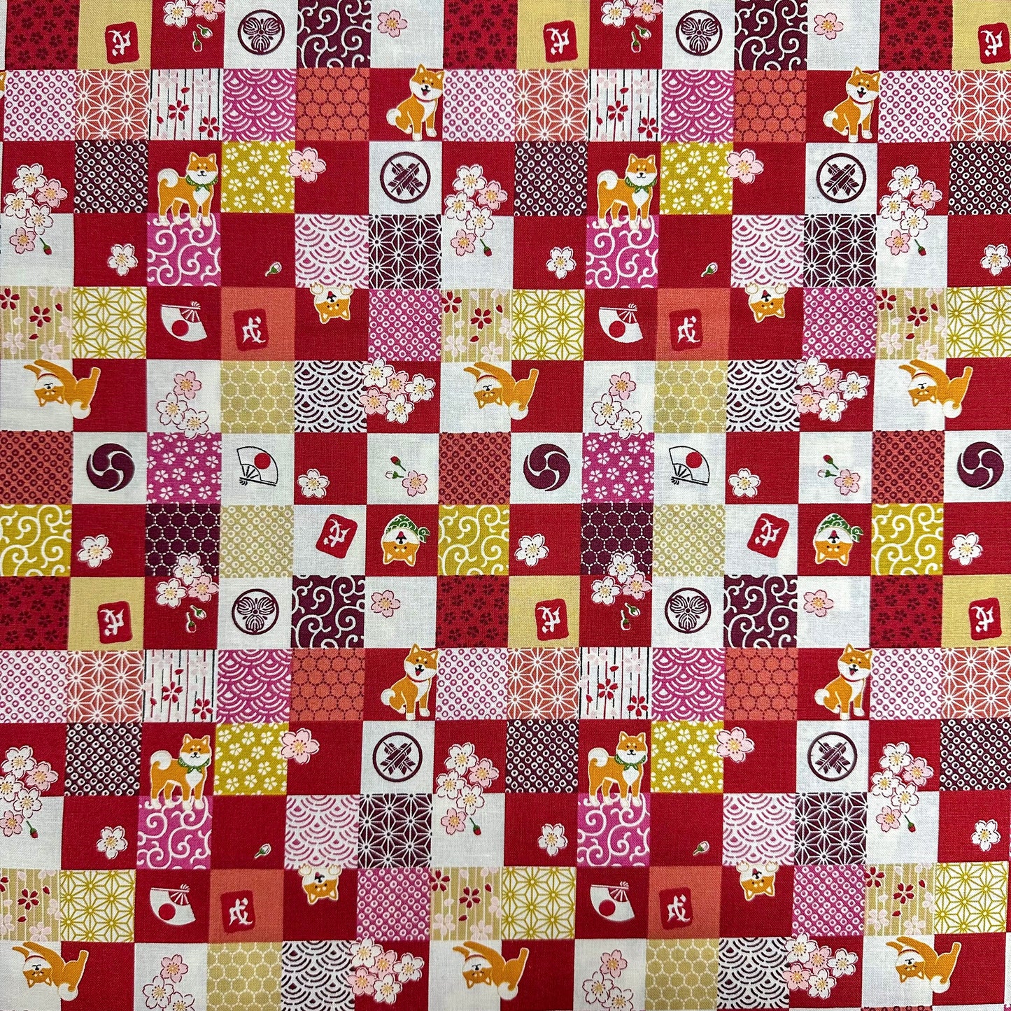 Japan | Shiba japanese sakura 柴犬和風櫻花拼格 | cotton printed sheeting 純棉