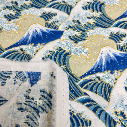 Japan | japanese bronzing fujisan the great wave off kanagawa 燙金富士山神奈川沖浪裏 | cotton shantung 竹節棉