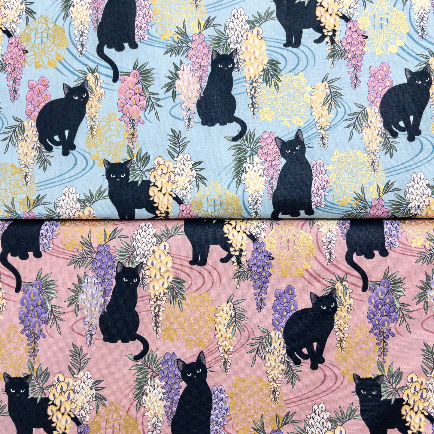 Quilt Gate | bronzing wisteria flowers and black cats 燙金紫藤花黑貓 | cotton printed sheeting 純棉