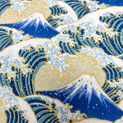 Japan | japanese bronzing fujisan the great wave off kanagawa 燙金富士山神奈川沖浪裏 | cotton shantung 竹節棉