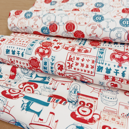 【K‧T FABRIC】紅白藍「傢俬電器」 red-white-blue ''home furniture & appliance'' cotton printed oxford 純棉